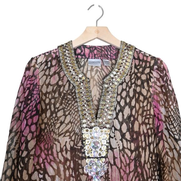 Chico's Womens Small Chico's 0 Embellished Animal-Print Silk Tunic - Picture 5 of 12